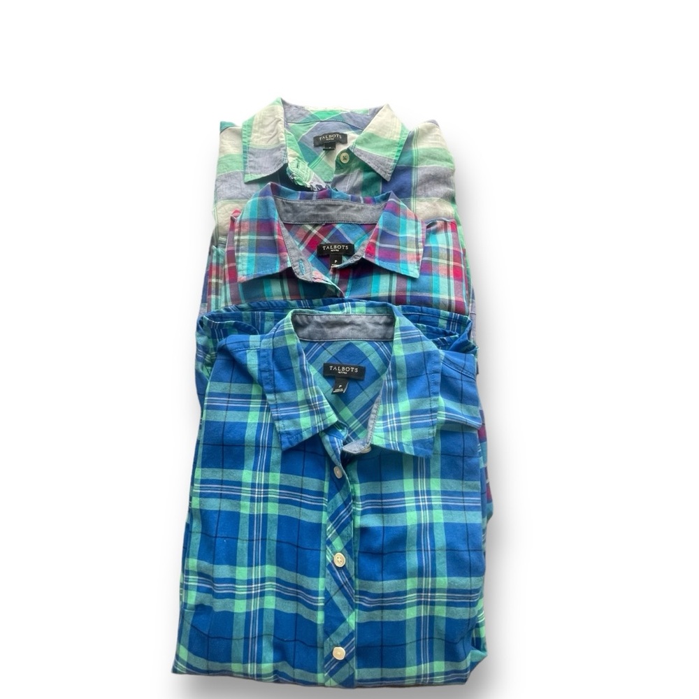 Bundle of 3 Talbots Blue Plaid Button-up Long Sleeve Cotton Shirts Women Petite - Picture 1 of 16